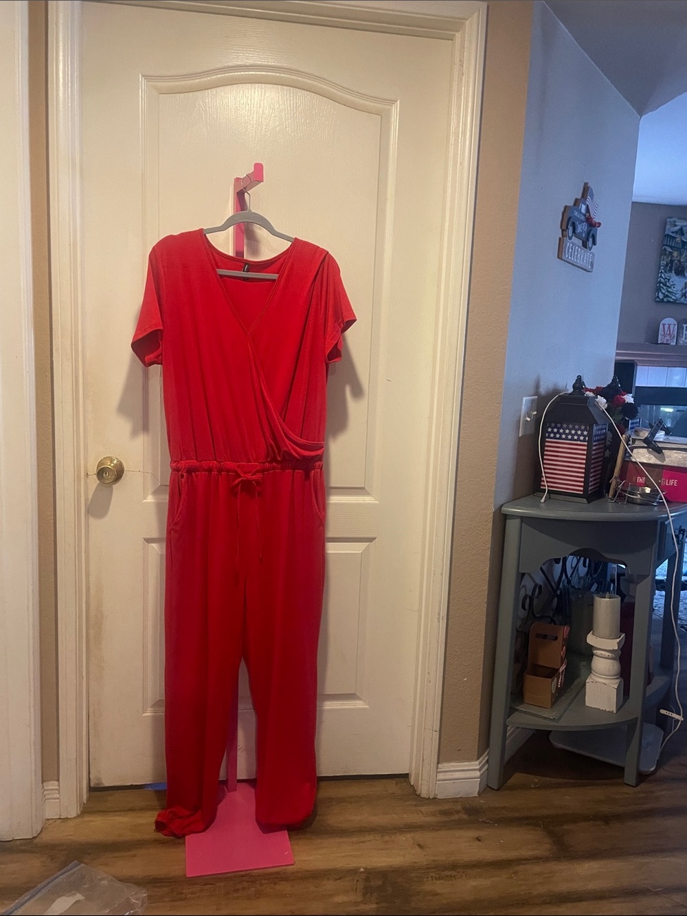 Classic Red Short-Sleeve Jumpsuit with Drawstring Waist